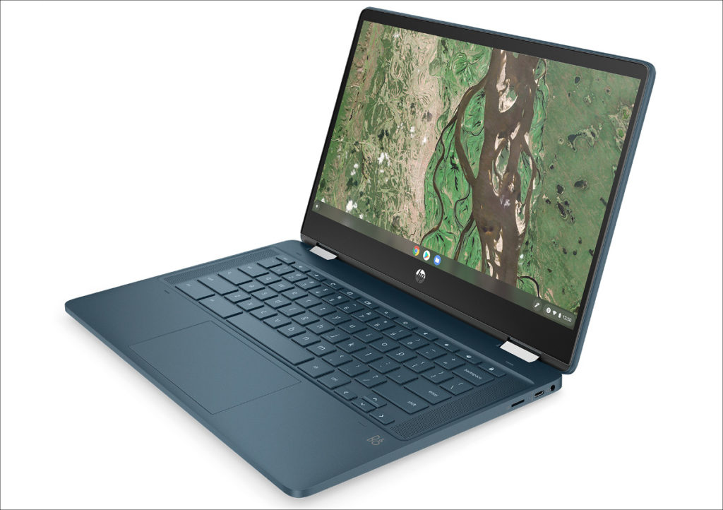 2021年発売のHP Chromebook x360 14bです。色はスプルースブルー。見た目や質感は価格以上のものを感じます。